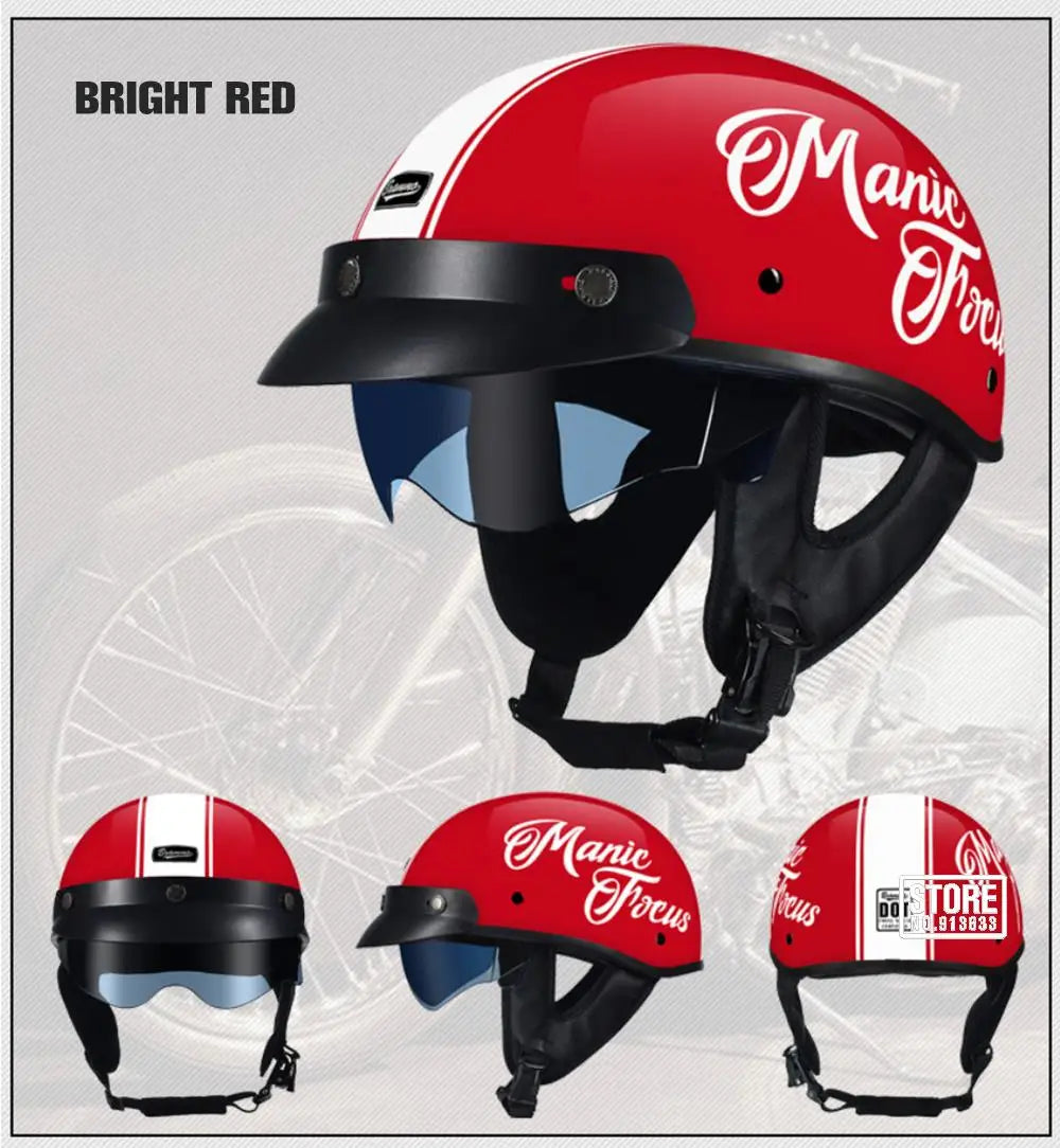 Retro DOT-Certified Motorcycle Half Helmet – HD Lens, Men & Women, 4-Season Scooter & Moto Riding Casco