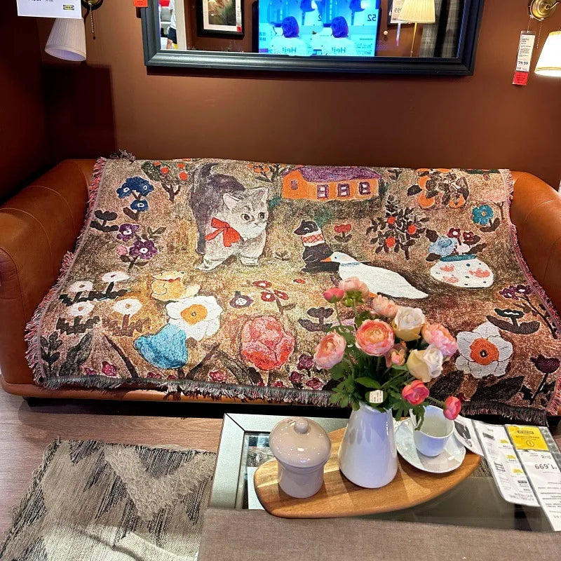 Animal Sofa Blanket Cover – European Village Cartoon Tapestry for Home Decor, Sofa, Bed & Camping