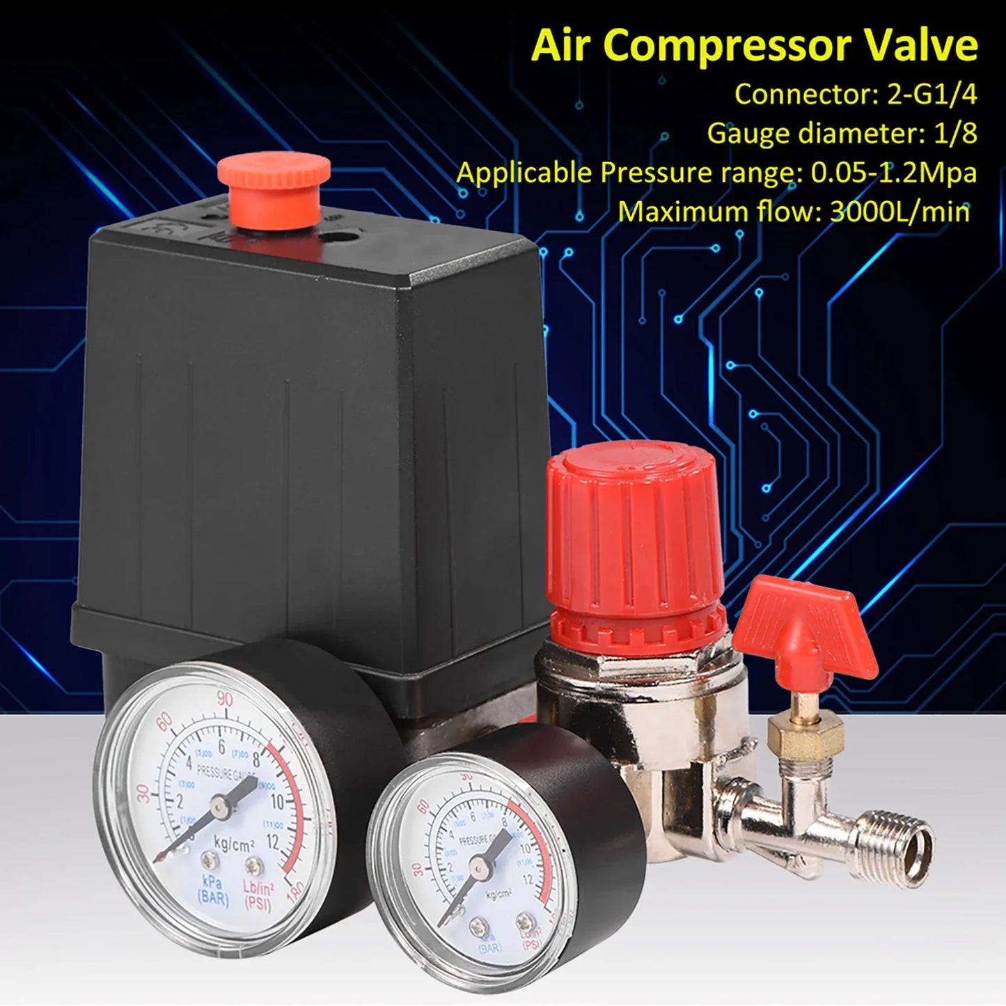 Air Compressor Pressure Switch Control Valve with Gauges - Small Regulator for Air Compressor Pressure Management