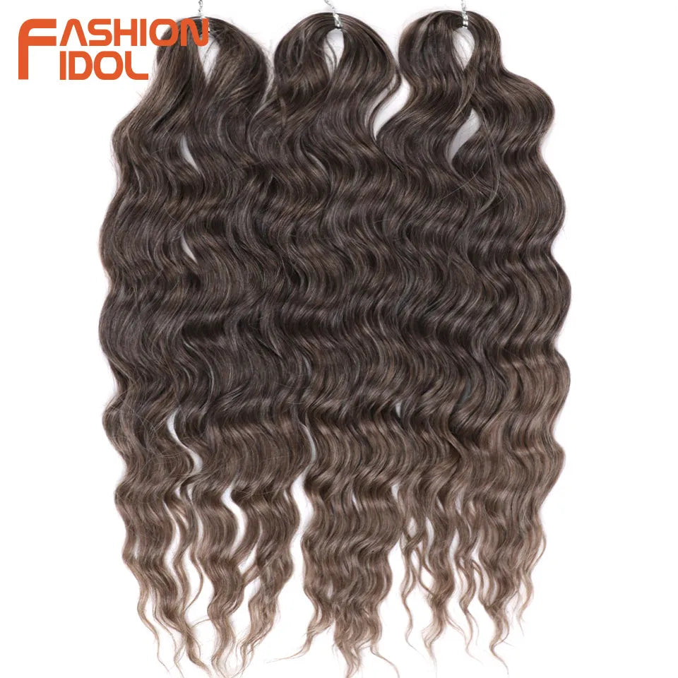 FASHION IDOL 24" Deep Wave Crochet Hair - 3-Piece Synthetic Water Wave Braiding Extensions, Ombre Rainbow Twist Hair