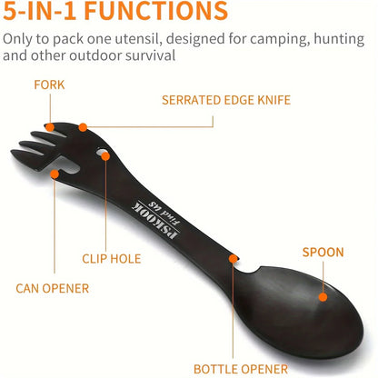 PSKOOK 5-in-1 Outdoor Survival Tools - Multi-Functional Camping EDC Kit with Fork, Knife, Spoon, and Bottle/Can Opener