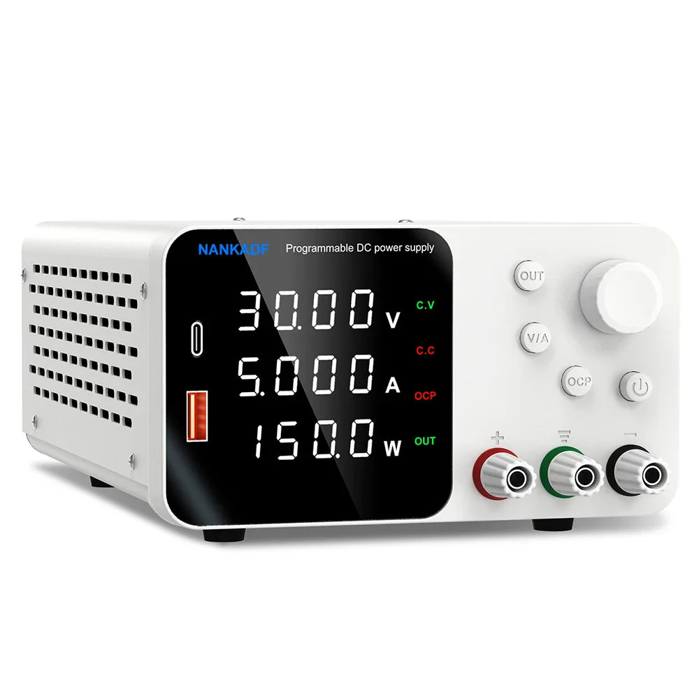 30V 10A Adjustable DC Lab Power Supply – 4-Digit LED Display, USB-A/Type-C 5V/3.6A Fast Charge with Encoder Control