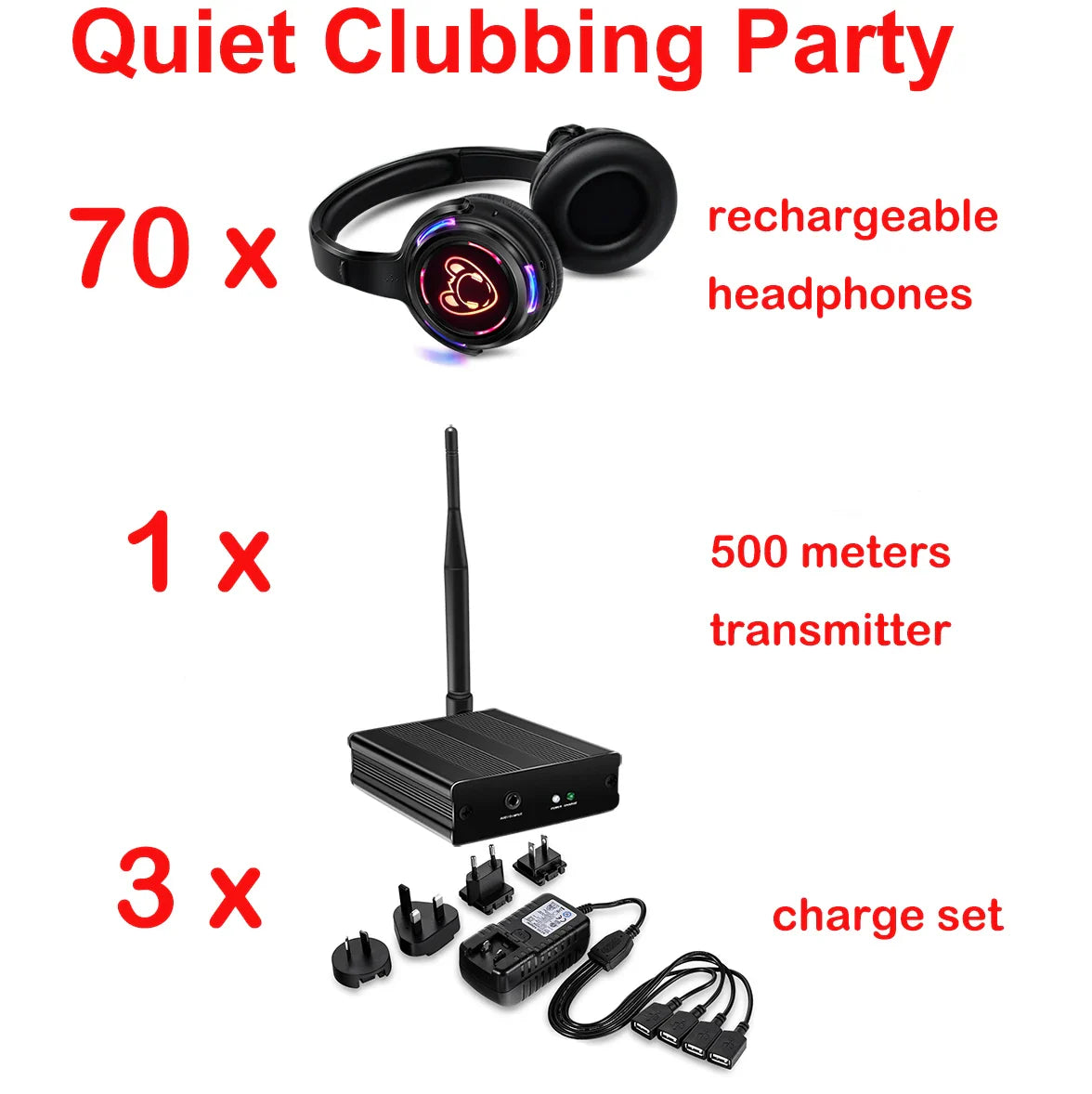 Silent Disco Complete System – Black LED Wireless Headphones Bundle with 5 Headsets & 1/2/3 Transmitters for Quiet Parties