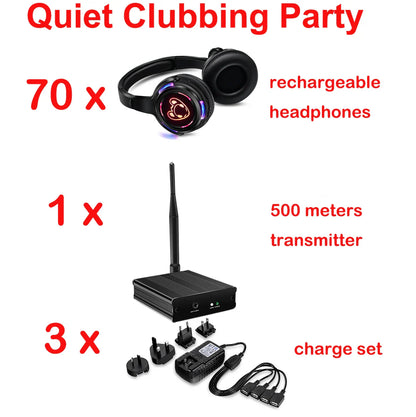 Silent Disco Complete System – Black LED Wireless Headphones Bundle with 5 Headsets & 1/2/3 Transmitters for Quiet Parties