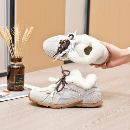 AIYUQI Women's Genuine Leather Sneakers – Retro German Trainers, Winter Velvet Fur, Flat Casual Shoes