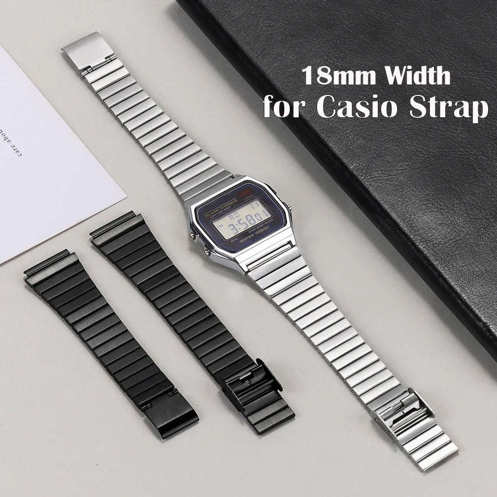 18mm Stainless Steel Watchband for Casio F-91W – Compatible with SGW400, F91W, F84, F105/108/A158W/168, AE1200/1300 Vintage Steel Wrist Bracelet