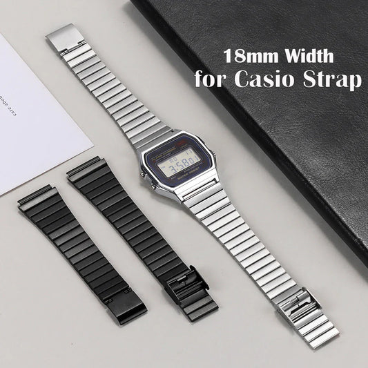 18mm Stainless Steel Watchband for Casio F-91W – Compatible with SGW400, F91W, F84, F105/108/A158W/168, AE1200/1300 Vintage Steel Wrist Bracelet