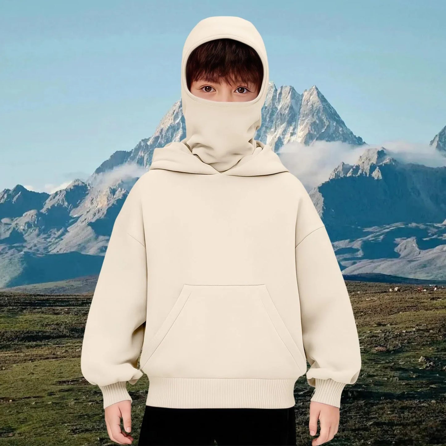 Kids Hooded Balaclava Sweatshirt - Harajuku Double Hat Long Sleeve Hoodie for Boys & Girls Ages 5-15