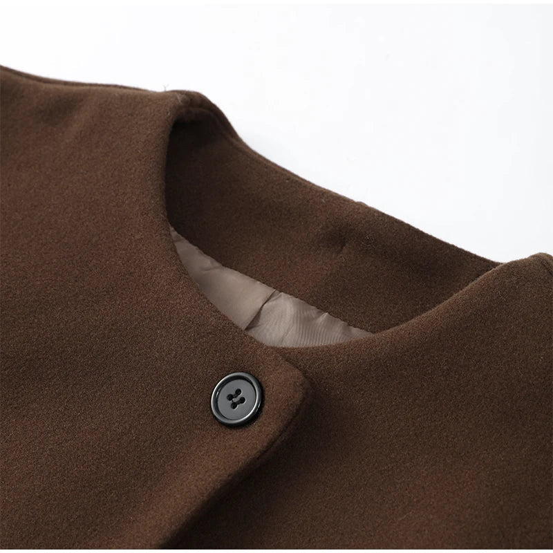 2024 Women's Elegant Solid Wool Blend Cardigan Coat – Round Neck, Single Button, Long Sleeve High Street Outwear