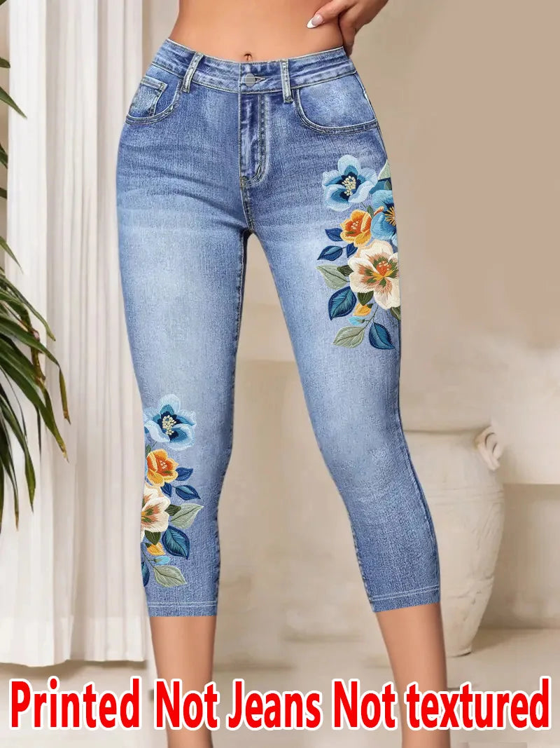 Women's Printed Capri Leggings - Stretchy Casual Cropped Pants