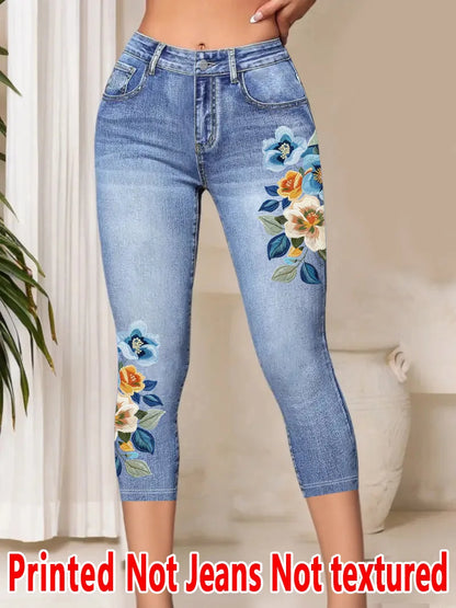Women's Printed Capri Leggings - Stretchy Casual Cropped Pants