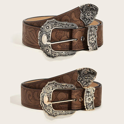 Western Brown PU Leather Vintage Belt for Women — Cowgirl Waist Belt with Metal Carved Buckle, 3-Set Designer Belts for Jeans