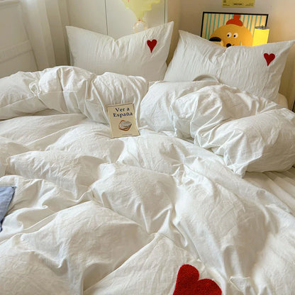 Cool Black Duvet Cover Set – Nordic Embroidered Heart Luxury Bedding, 4-Piece Set for Girls