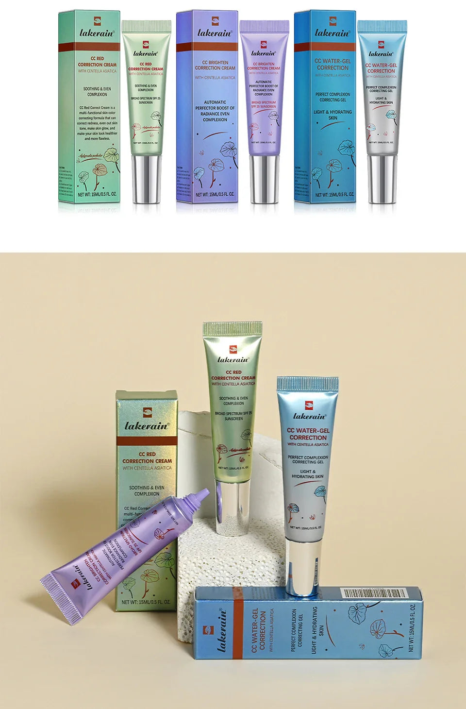 3pcs CC Cream Color-Changing Liquid Foundation – Centella Korean High Coverage Face Makeup Base Cream