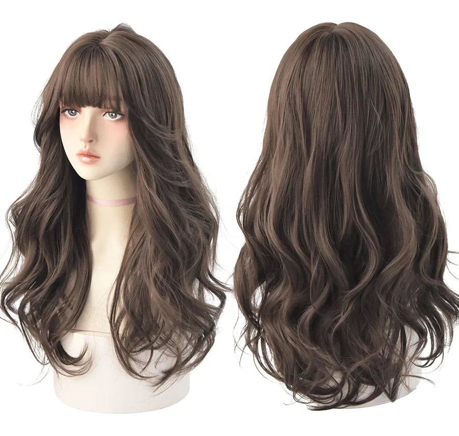 7JHH Brown Ash Long Deep Wave Lolita Wig for Women — Synthetic Hair with Bangs, Thick Curly Fashion Wig
