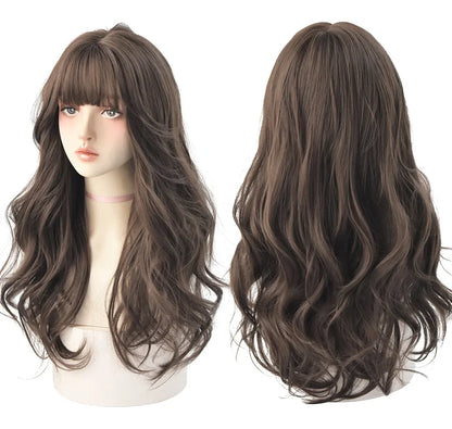 7JHH Brown Ash Long Deep Wave Lolita Wig for Women — Synthetic Hair with Bangs, Thick Curly Fashion Wig