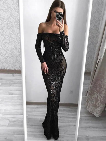 Sexy Long Trumpet Mermaid Dress – Women’s Slash Neck Sequin Slim Bodycon Maxi Mesh Dress for Club, Wedding & Party