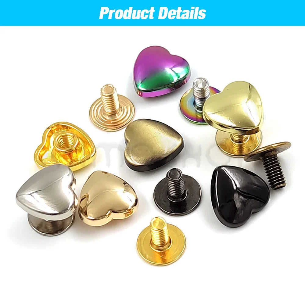 10 Set Heart-Shaped Metal Screwback Rivets 10/14mm – Screw Studs for Leathercraft, Garments, Belts & Bags