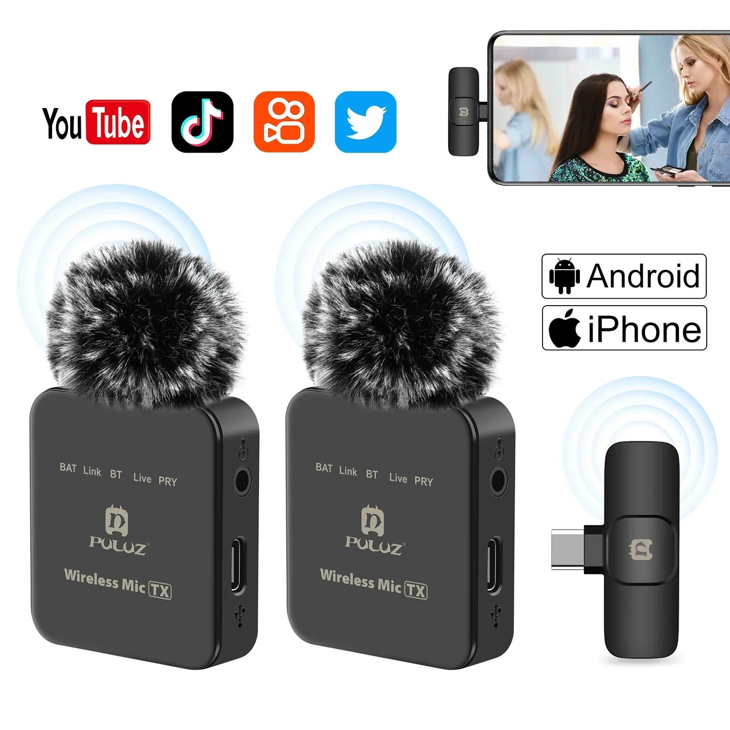 PULUZ Wireless Lavalier Microphone – Portable Mini Mic for iPhone & Android, Audio/Video Recording & Live Broadcast