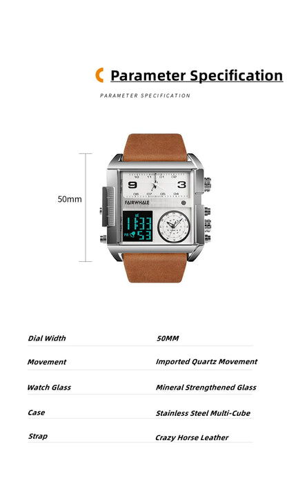 Mark Fairwhale Men’s Luxury Square Quartz Watch — Fashion Waterproof Military Leather Strap Wristwatch