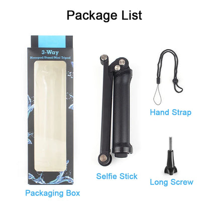 3-Fold Waterproof Selfie Stick & Mini Tripod – 3-Way Monopod Stand for GoPro 7–12, Insta360, Osmo Action Cameras