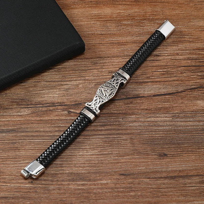 Vintage Viking Woven Leather Bracelet – Nordic Celtic Knot Valknut Symbol, Magnetic Bangle for Men