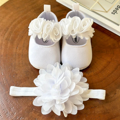 Baby Girls Flat Shoes with Flower Decor & Matching Headband – Princess Crib First Walker Shoes for Newborns and Infants
