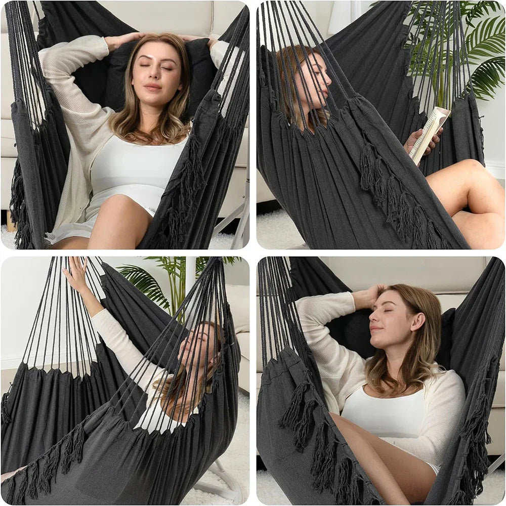 Macrame Hanging Chair with 2 Pillows – 500lb Cotton Rope Swing with Pocket Design for Indoor & Outdoor Use