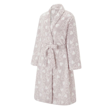 Women's Plush Flannel Bathrobe - Heart Print Fuzzy Long Sleeve Robe with Belt