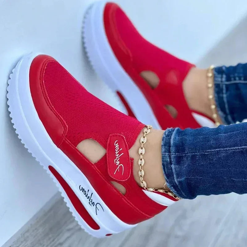 Red and Blue Designer Canvas Sneakers for Women - High Quality, Casual Platform Shoes with Hollow Out Design
