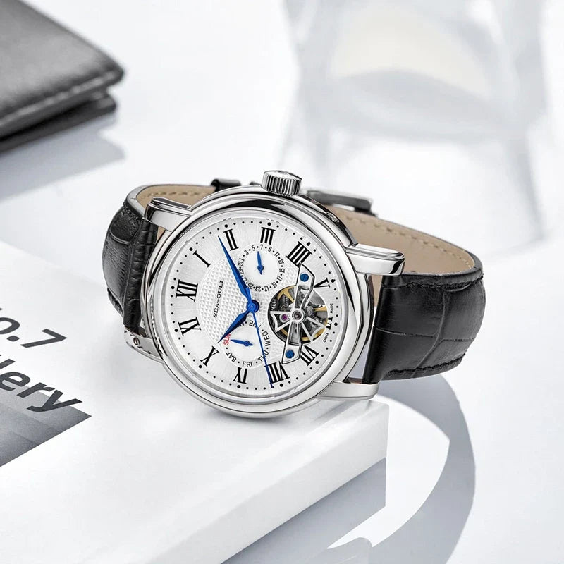 Seagull Men’s Automatic Mechanical Watch - Multi-Function Hollow Flywheel Business Wristwatch