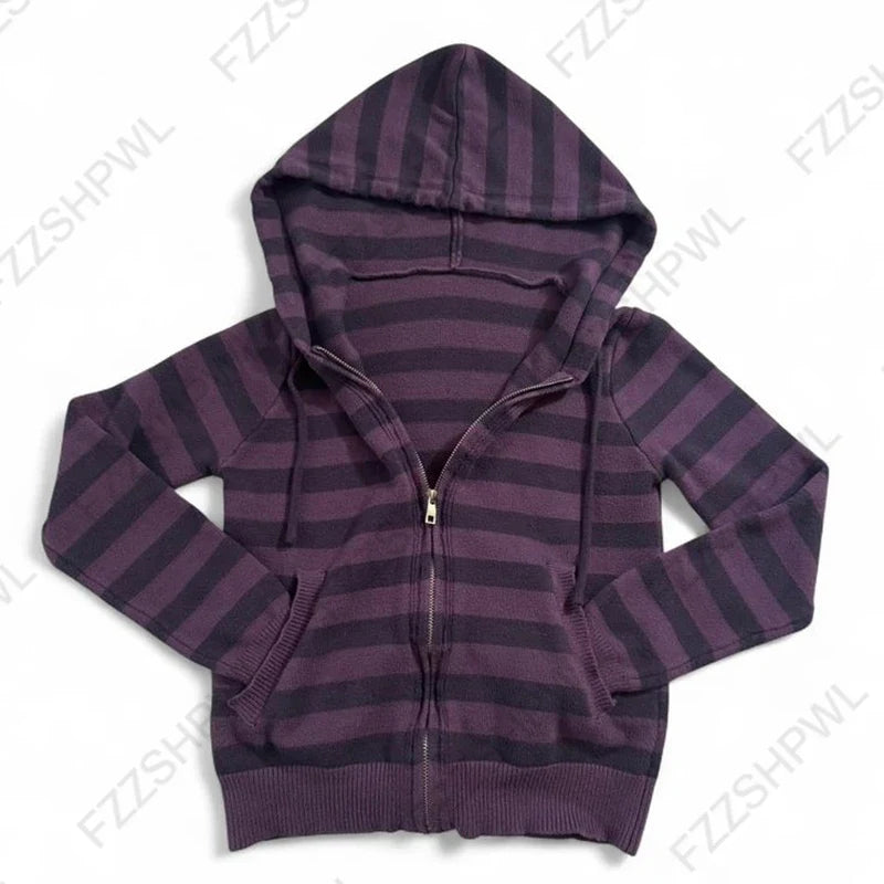 Harajuku Y2K Striped Hoodie - Women’s Slim Fit Grunge Punk Streetwear Cardigan