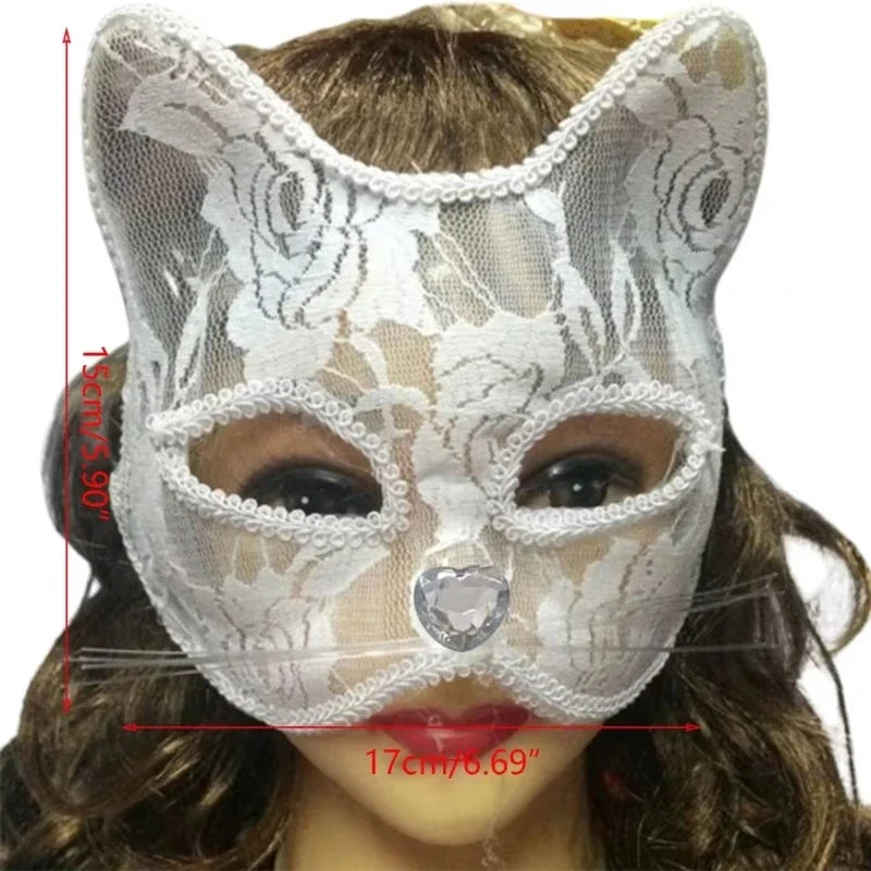 Women's Cat Face Lace Mask - Elegant Animal Masquerade Mask for Halloween Cosplay & Parties
