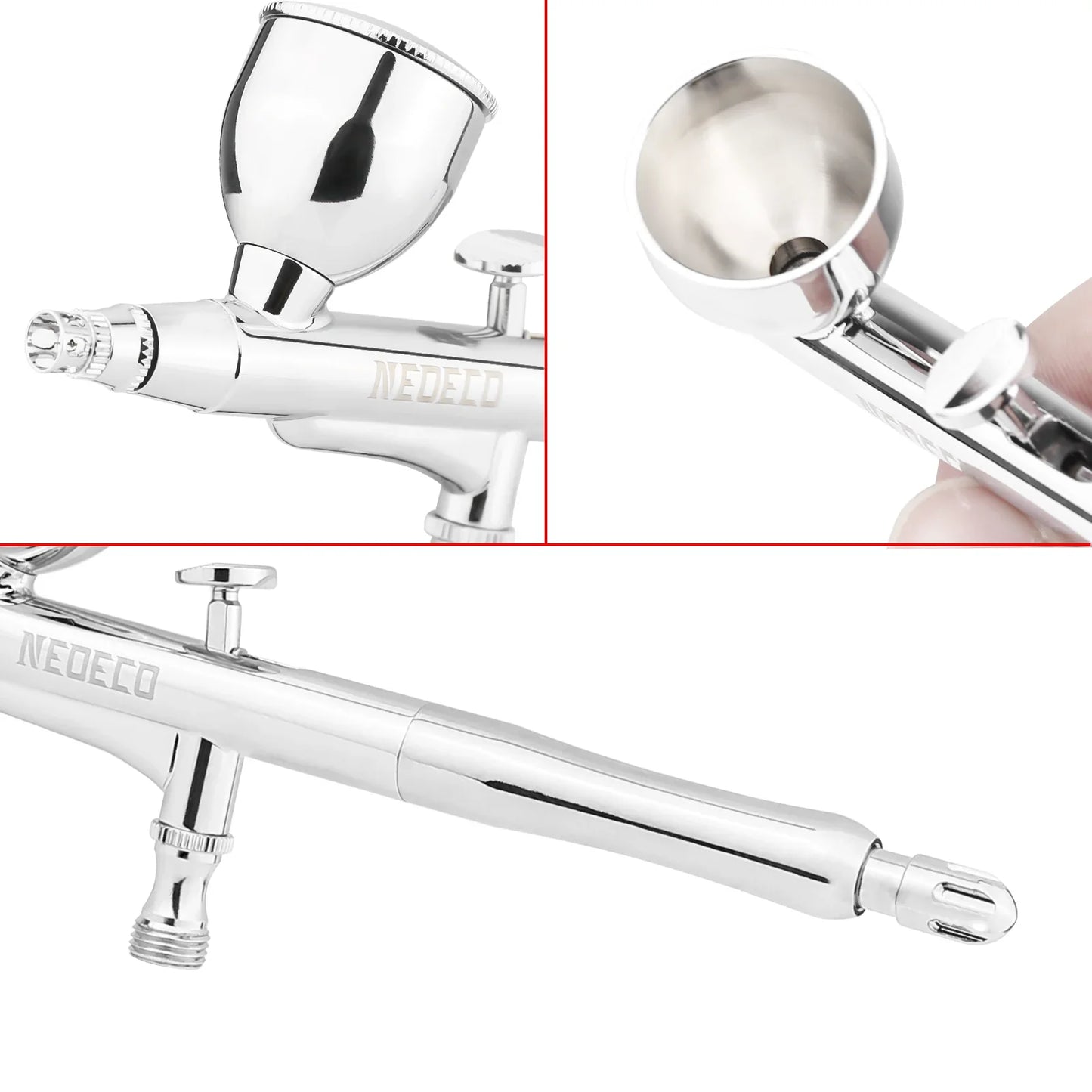 Dual-Action Airbrush with Auto-Centering Nozzle, 7cc/13cc Cups, 0.2/0.3/0.5mm Needles for Modeling, Makeup, Nail Art & Painting