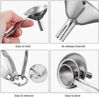 Set of 4 Stainless Steel Funnels with Cleaning Brush - 304 Grade Small Funnel Set for Essential Oils, Liquids, Spices, and Fluids