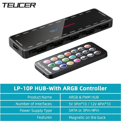 TEUCER LP-10 ARGB/PWM Fan Hub - 2-in-1 PC Fan Controller & ARGB Lighting Adapter