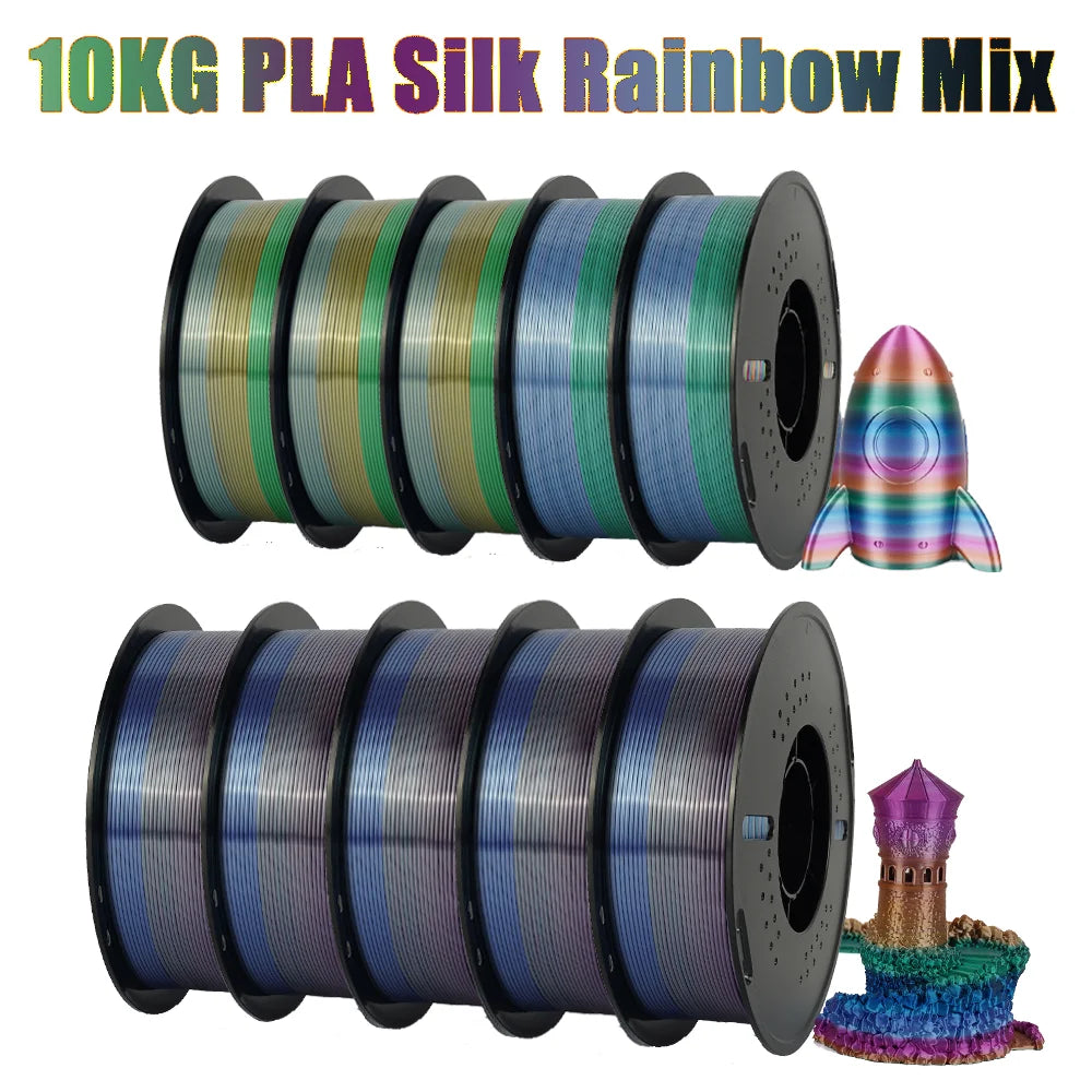 Tri-Color Dual-Color Silk Rainbow PLA Filament 1.75mm – Accurate +/-0.03mm, Compatible with Most FDM 3D Printers