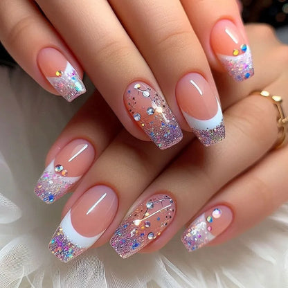 24PCS Short Square Coffin False Nails – French Glitter Acrylic Press-On Nail Tips with Glue, Wearable Fake Nails Set