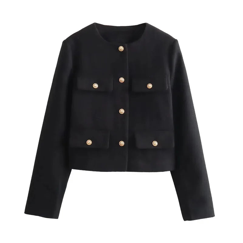 TRAF Women's Autumn Outerwear – Long Sleeve Cropped Jacket, Winter Button Demi-Season Short Coat, Elegant Women’s Coat