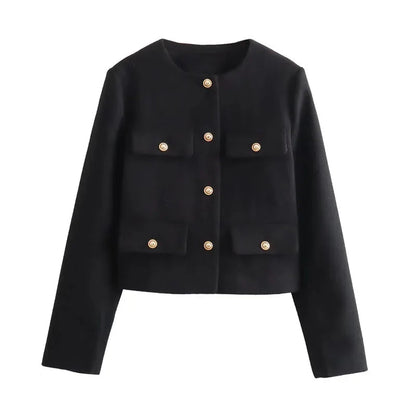 TRAF Women's Autumn Outerwear – Long Sleeve Cropped Jacket, Winter Button Demi-Season Short Coat, Elegant Women’s Coat