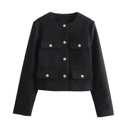 TRAF Women's Autumn Outerwear – Long Sleeve Cropped Jacket, Winter Button Demi-Season Short Coat, Elegant Women’s Coat
