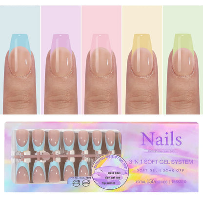 150pcs Fake Almond French Nails – Multi-Size Press-On Acrylic Nails in 6 Colors, Removable & Convenient