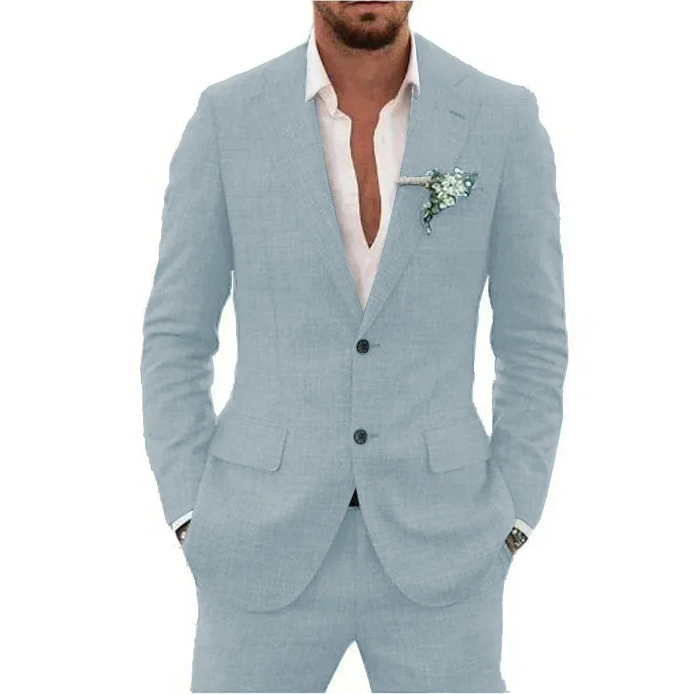 Men's Linen Suit Set - Slim Fit Notched Lapel 2 Piece Wedding & Beach Tuxedo Outfit For Summer Casual Formal Wear
