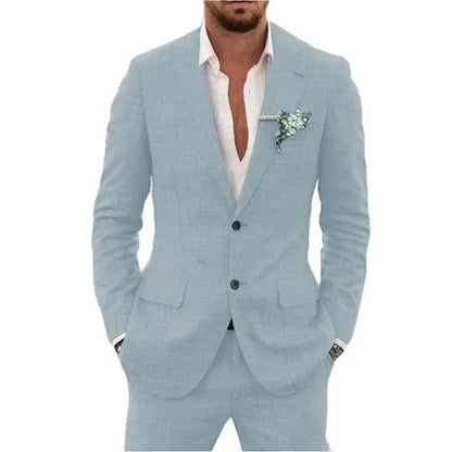 Men's Linen Suit Set - Slim Fit Notched Lapel 2 Piece Wedding & Beach Tuxedo Outfit For Summer Casual Formal Wear