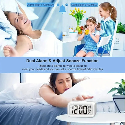 Smart Digital Alarm Clock – Black & White LCD with Temperature, Calendar, Timer & LED Light for Bedroom or Office (No Battery)