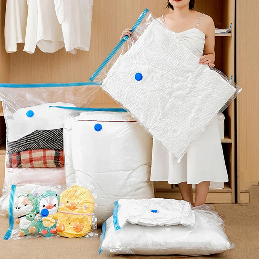 4pcs Reusable Transparent Vacuum Bags — Folding Compressed Space-Saving Storage for Clothes & Travel
