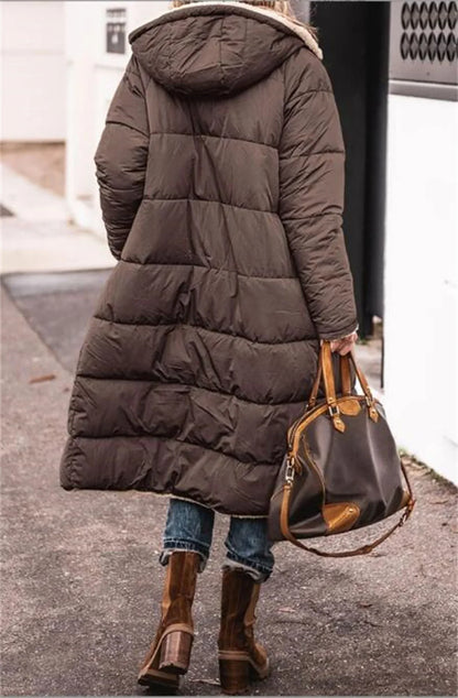 Women's Winter Hooded Quilted Jacket – Reversible Solid Puffer Coat, Thick Long Sleeve Casual Outerwear
