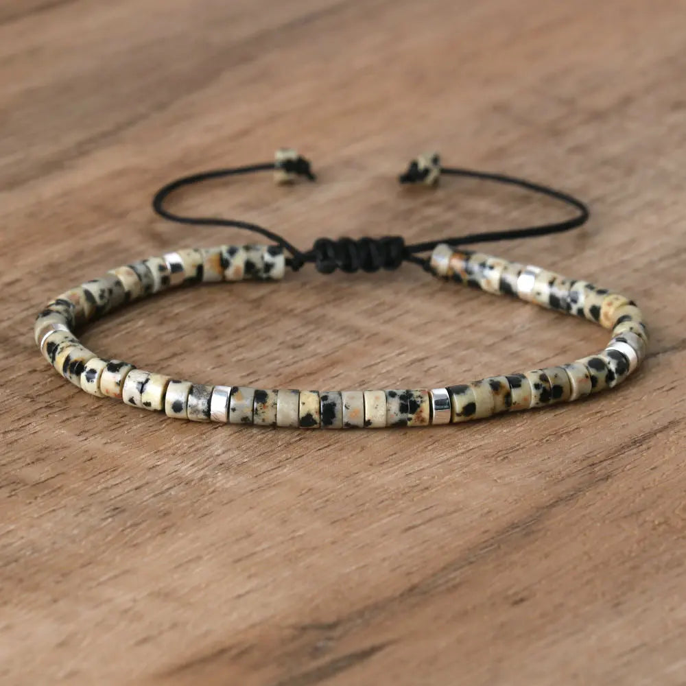 Natural Blue Emperor Stone Beaded Bracelet – Polished Block Beads, Adjustable Woven Rope Women’s Gift Jewelry