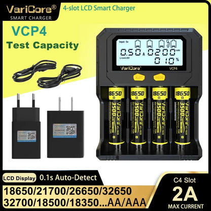 VariCore VCR4/VCP4 LCD Smart Battery Charger – Capacity Tester for 3.7V Li-Ion (18650, 21700, 26650), 3.2V LiFePO4 (32700), and 1.2V Ni-MH (AA/AAA)