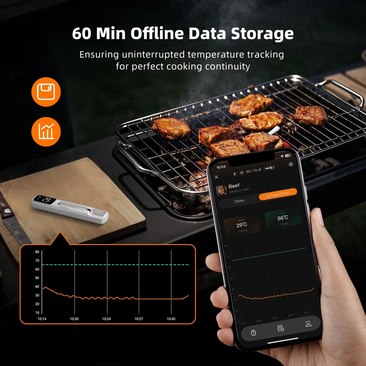 INKBIRD INT-11I-B Mini Wireless Meat Thermometer — Bluetooth 5.4, 1000ft Range, 1s Response, IP67, 26 Presets with LED Display for BBQ & Grill